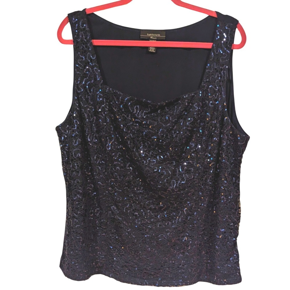 R&M Richards Tank Top 22W Navy Blue Sequin‎ Lace Drape Neck Glam Party 22W